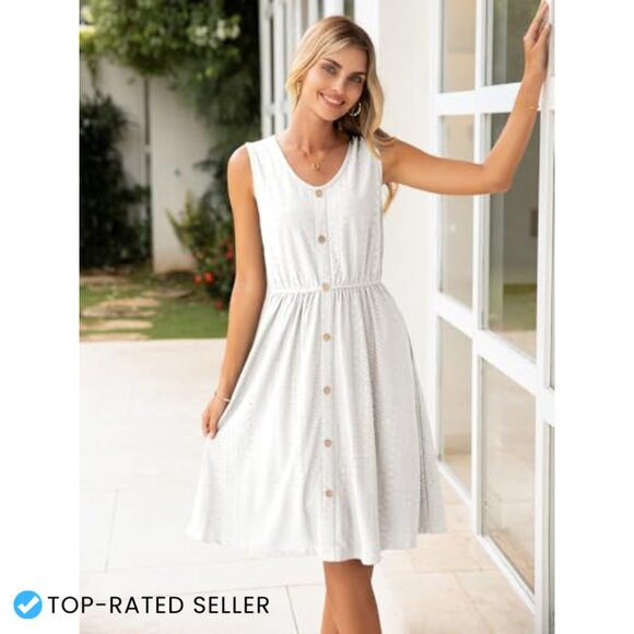 Sleeveless Sundress Eyelet Button Down Flowy Mini Dress with Pocket Casual Chic - Picture 2 of 7